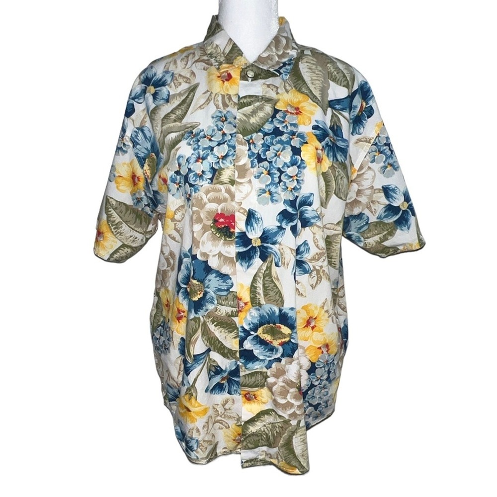 Lizwear Floral Button Down Shirt Womens Medium Tropical Cotton Short Sleeve